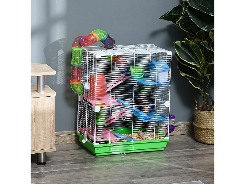 Cage pour hamster souris rongeur 4 étages avec tunnels mangeoire roue maison échelles dim. 46L x 30l x 58H cm vert