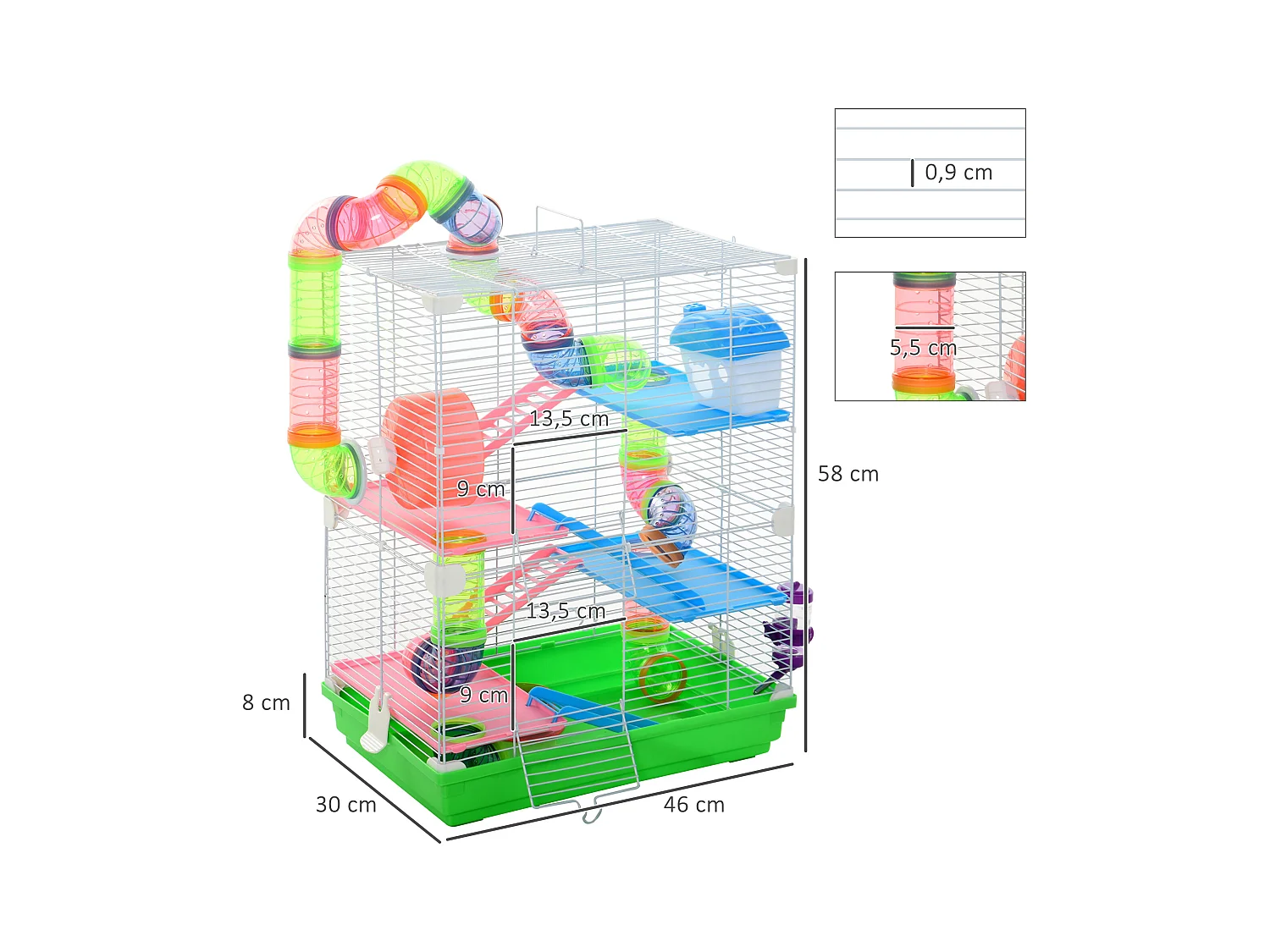 Cage pour hamster souris rongeur 4 étages avec tunnels mangeoire roue maison échelles dim. 46L x 30l x 58H cm vert