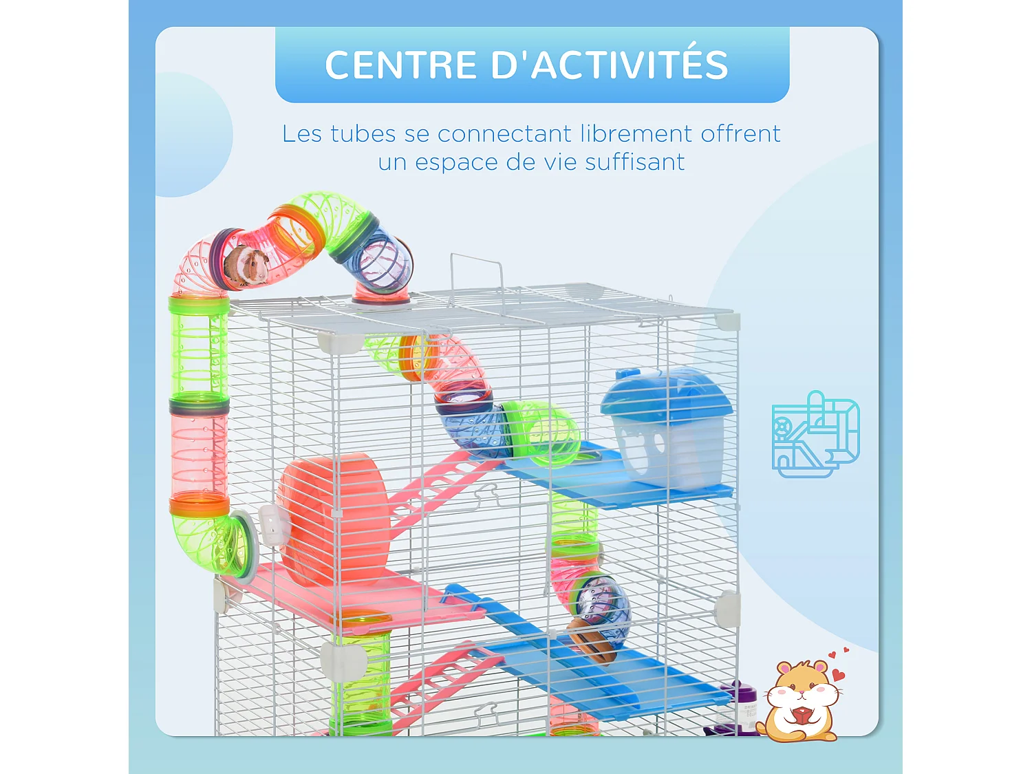 Cage pour hamster souris rongeur 4 étages avec tunnels mangeoire roue maison échelles dim. 46L x 30l x 58H cm vert