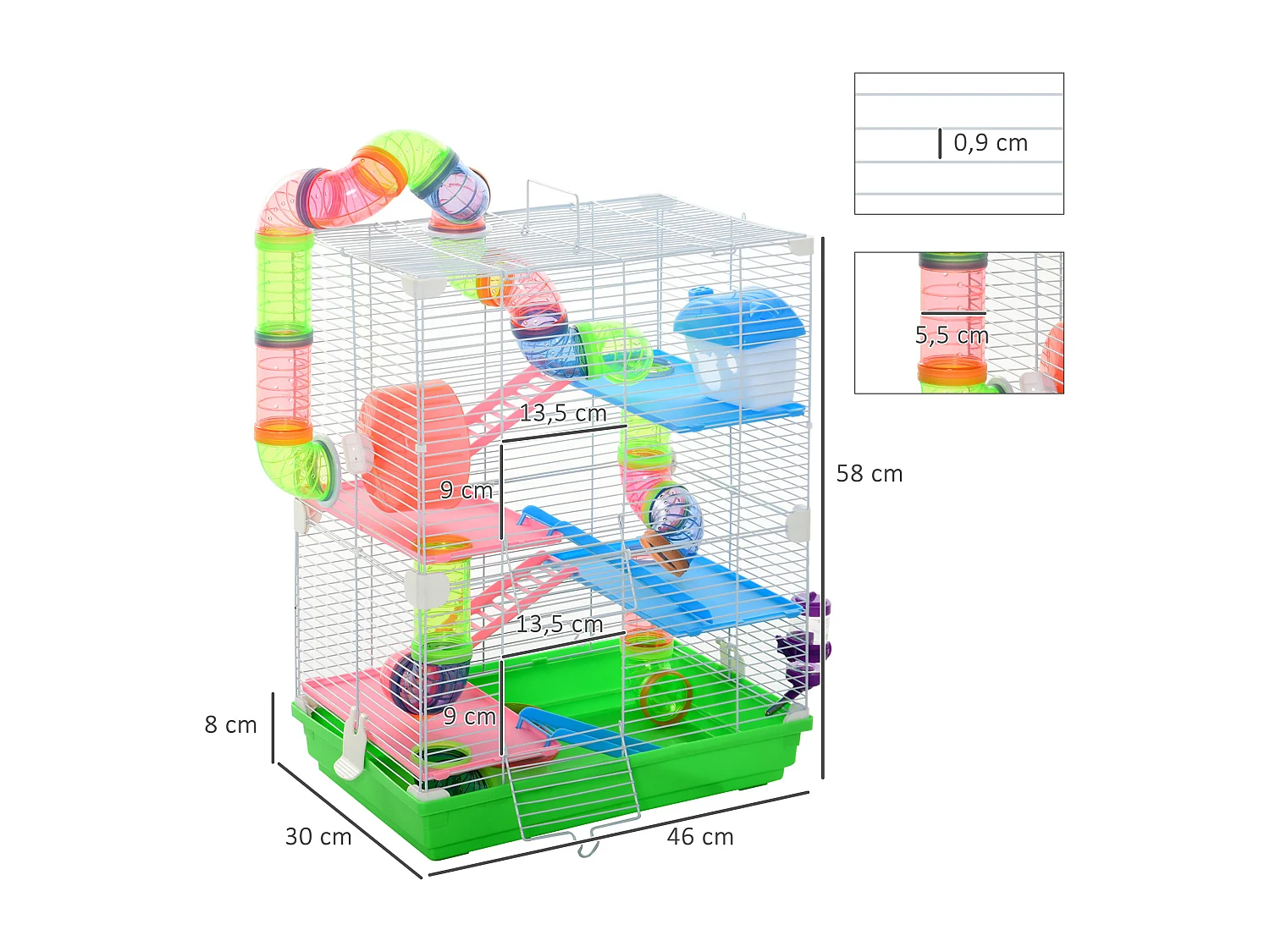 Cage pour hamster souris rongeur 4 étages avec tunnels mangeoire roue maison échelles dim. 46L x 30l x 58H cm vert