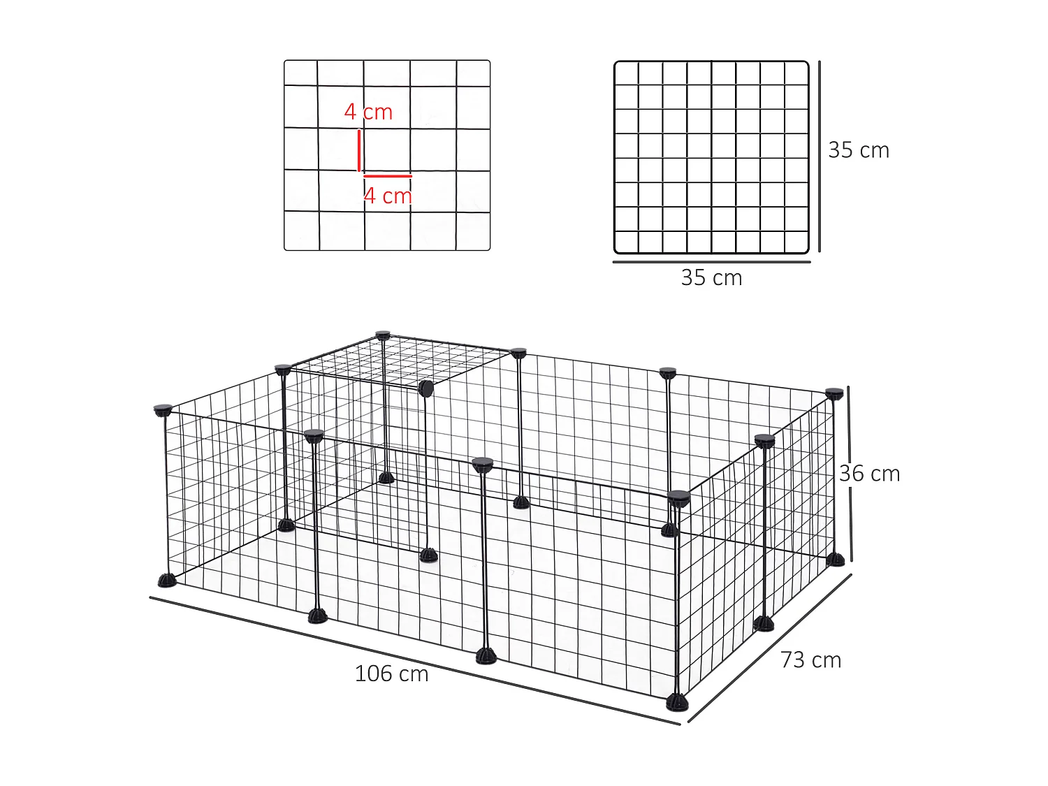 Cage parc enclos pour animaux domestiques L 106 x l 73 x H 36 cm bords arrondis fil métallique noir 55
