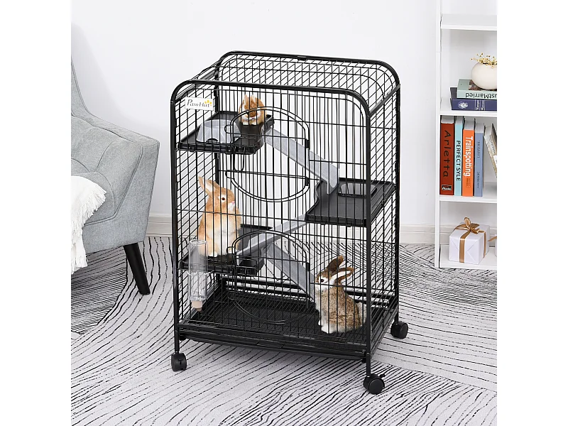 PawHut Cage pour Petits Animaux Roulante 3 Rampes 3 Plates-formes Plat et Bouteille d'Eau Bac Inférieur Amovible Acier PP Noire