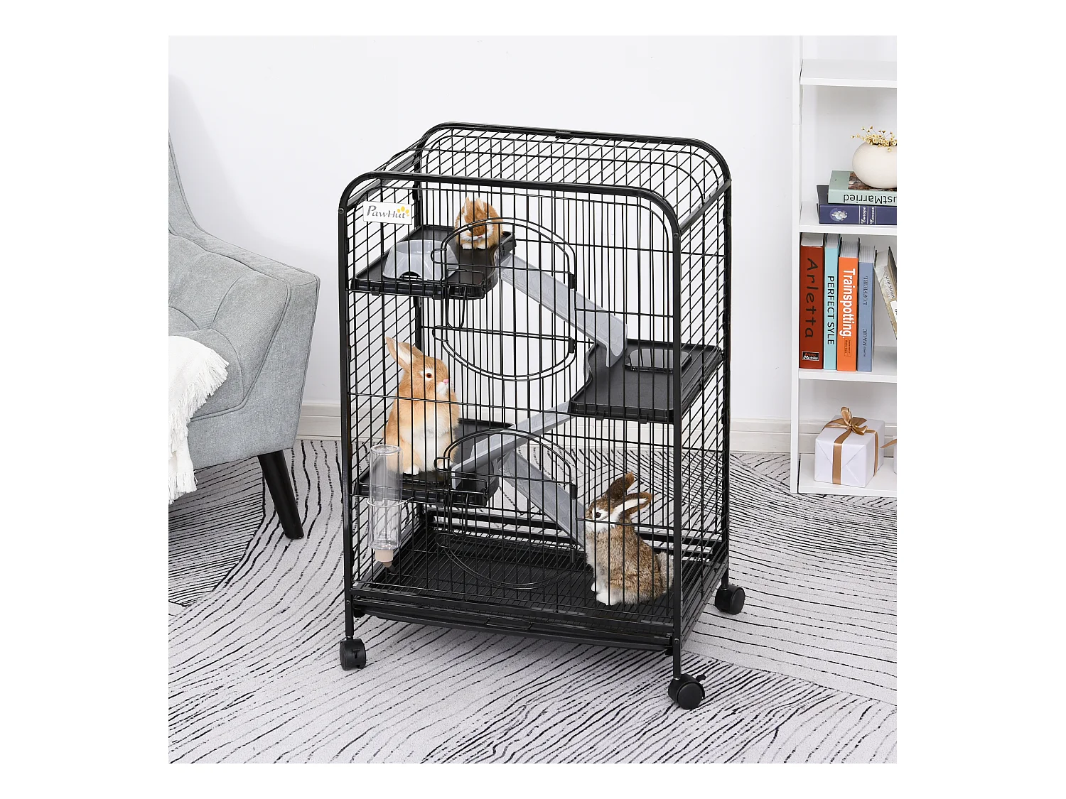 PawHut Cage pour Petits Animaux Roulante 3 Rampes 3 Plates-formes Plat et Bouteille d'Eau Bac Inférieur Amovible Acier PP Noire