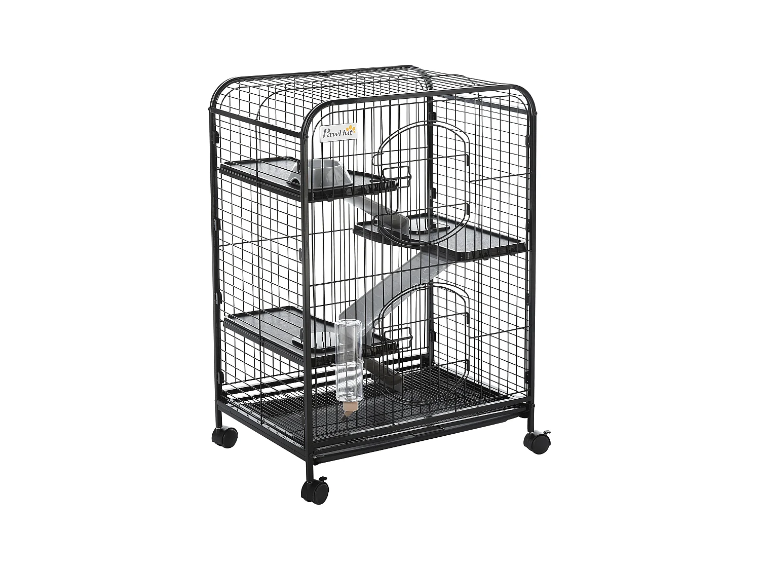 PawHut Cage pour Petits Animaux Roulante 3 Rampes 3 Plates-formes Plat et Bouteille d'Eau Bac Inférieur Amovible Acier PP Noire