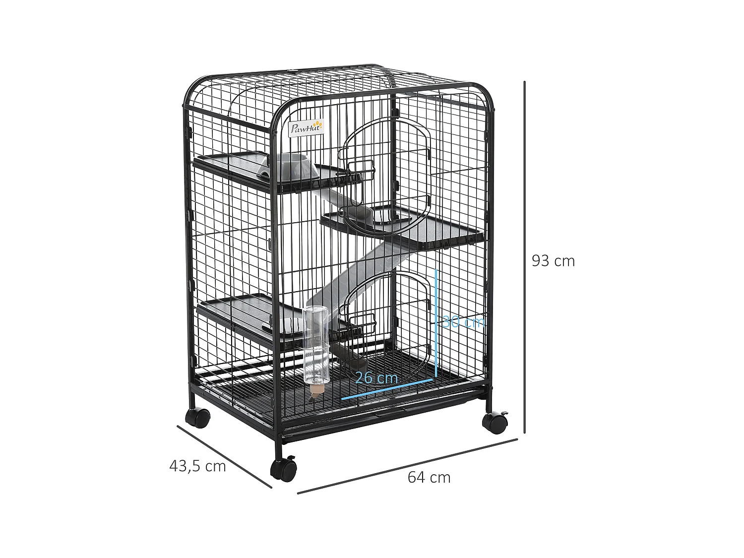 PawHut Cage pour Petits Animaux Roulante 3 Rampes 3 Plates-formes Plat et Bouteille d'Eau Bac Inférieur Amovible Acier PP Noire