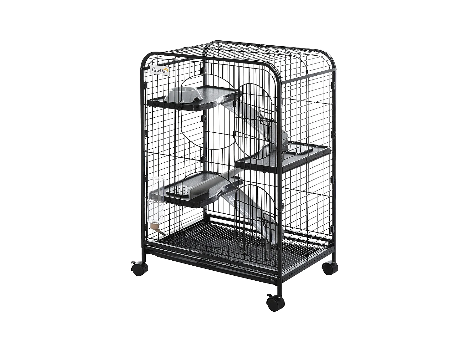 PawHut Cage pour Petits Animaux Roulante 3 Rampes 3 Plates-formes Plat et Bouteille d'Eau Bac Inférieur Amovible Acier PP Noire