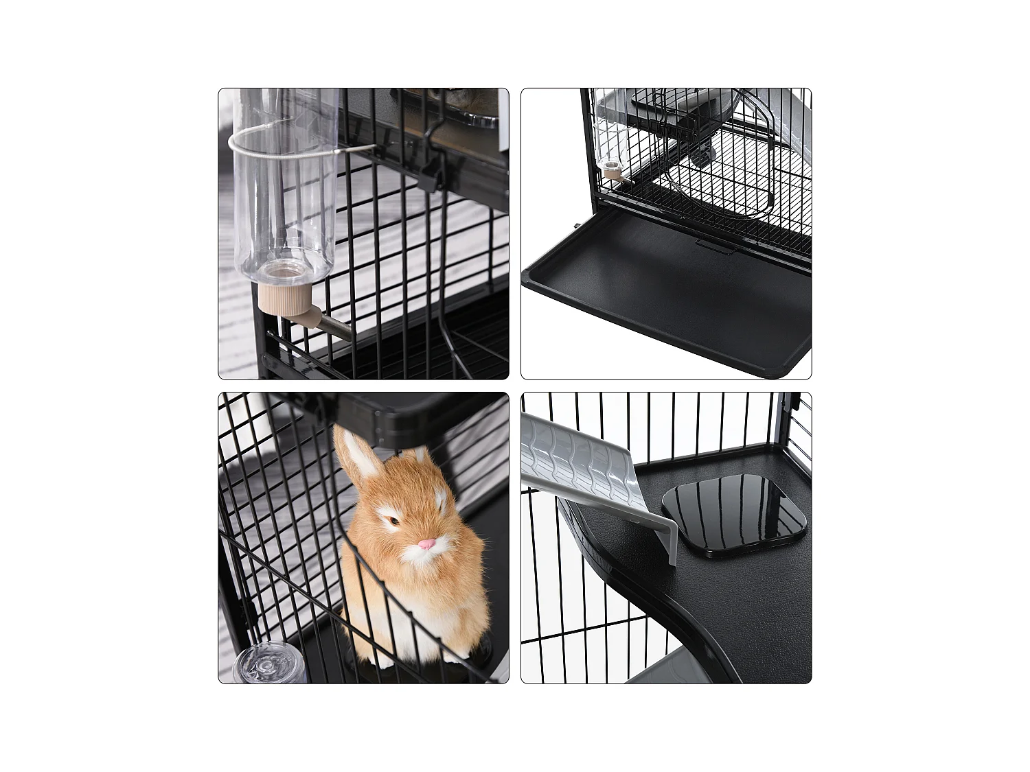 PawHut Cage pour Petits Animaux Roulante 3 Rampes 3 Plates-formes Plat et Bouteille d'Eau Bac Inférieur Amovible Acier PP Noire