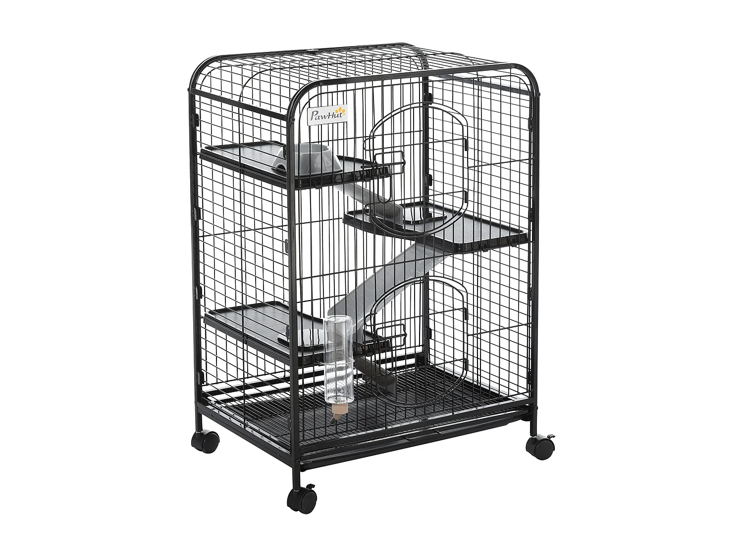 PawHut Cage pour Petits Animaux Roulante 3 Rampes 3 Plates-formes Plat et Bouteille d'Eau Bac Inférieur Amovible Acier PP Noire