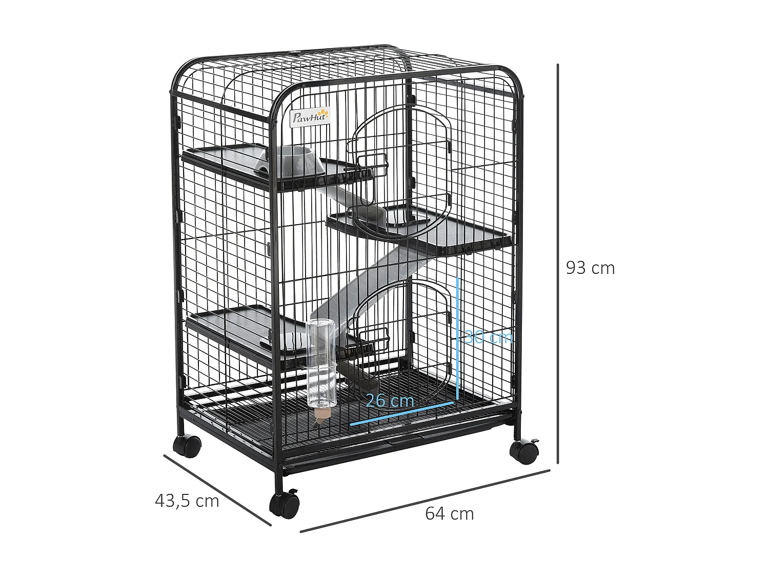 PawHut Cage pour Petits Animaux Roulante 3 Rampes 3 Plates-formes Plat et Bouteille d'Eau Bac Inférieur Amovible Acier PP Noire