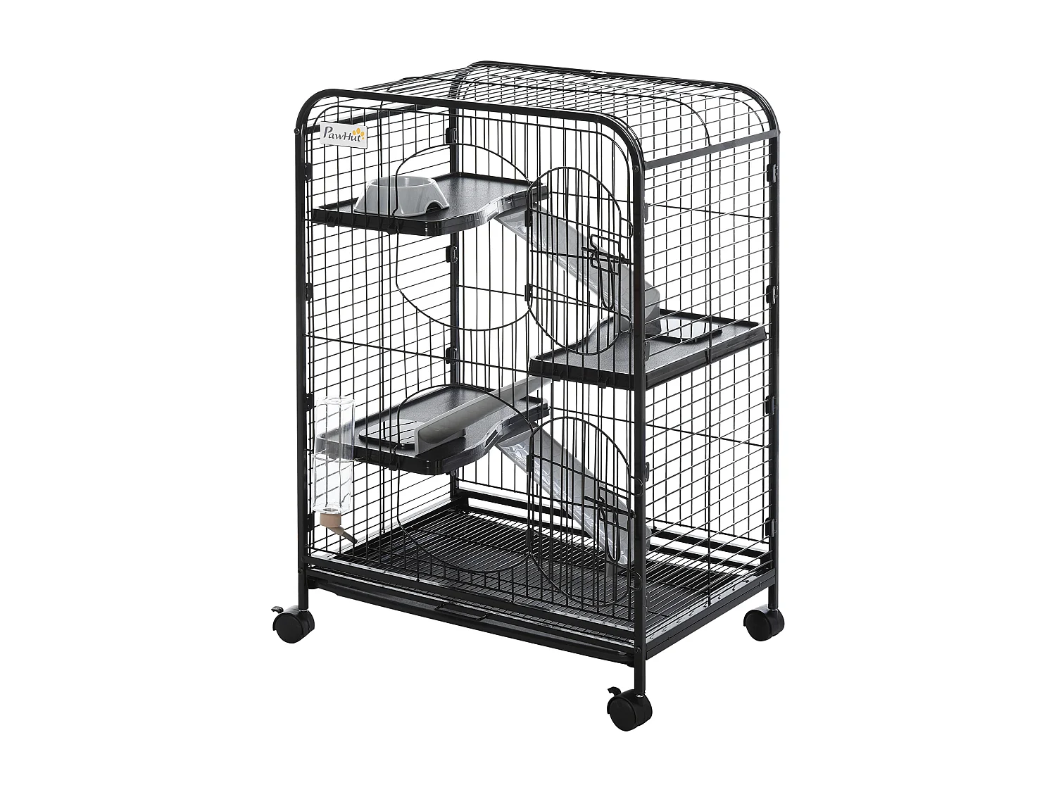 PawHut Cage pour Petits Animaux Roulante 3 Rampes 3 Plates-formes Plat et Bouteille d'Eau Bac Inférieur Amovible Acier PP Noire