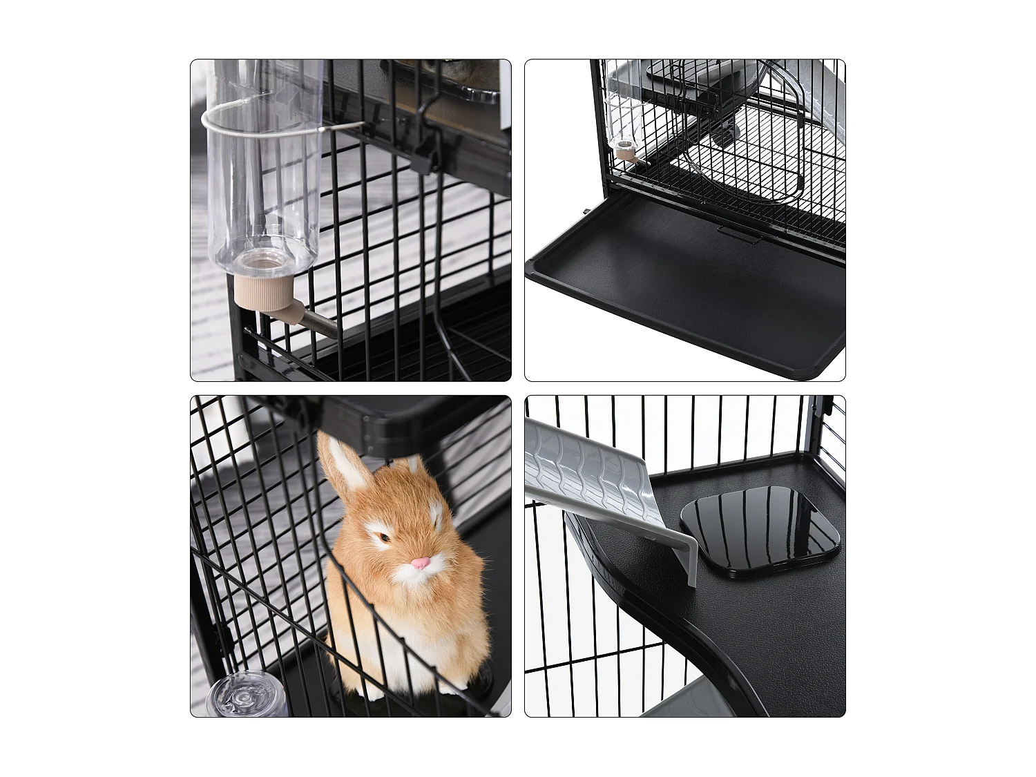 PawHut Cage pour Petits Animaux Roulante 3 Rampes 3 Plates-formes Plat et Bouteille d'Eau Bac Inférieur Amovible Acier PP Noire