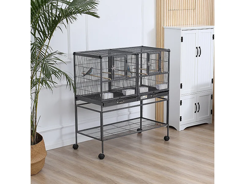 Cage à oiseaux avec séparation mangeoire et perchoir 95L x 45l x 102H cm Noir et Gris