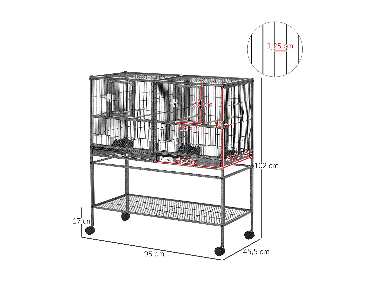 Cage à oiseaux avec séparation mangeoire et perchoir 95L x 45l x 102H cm Noir et Gris