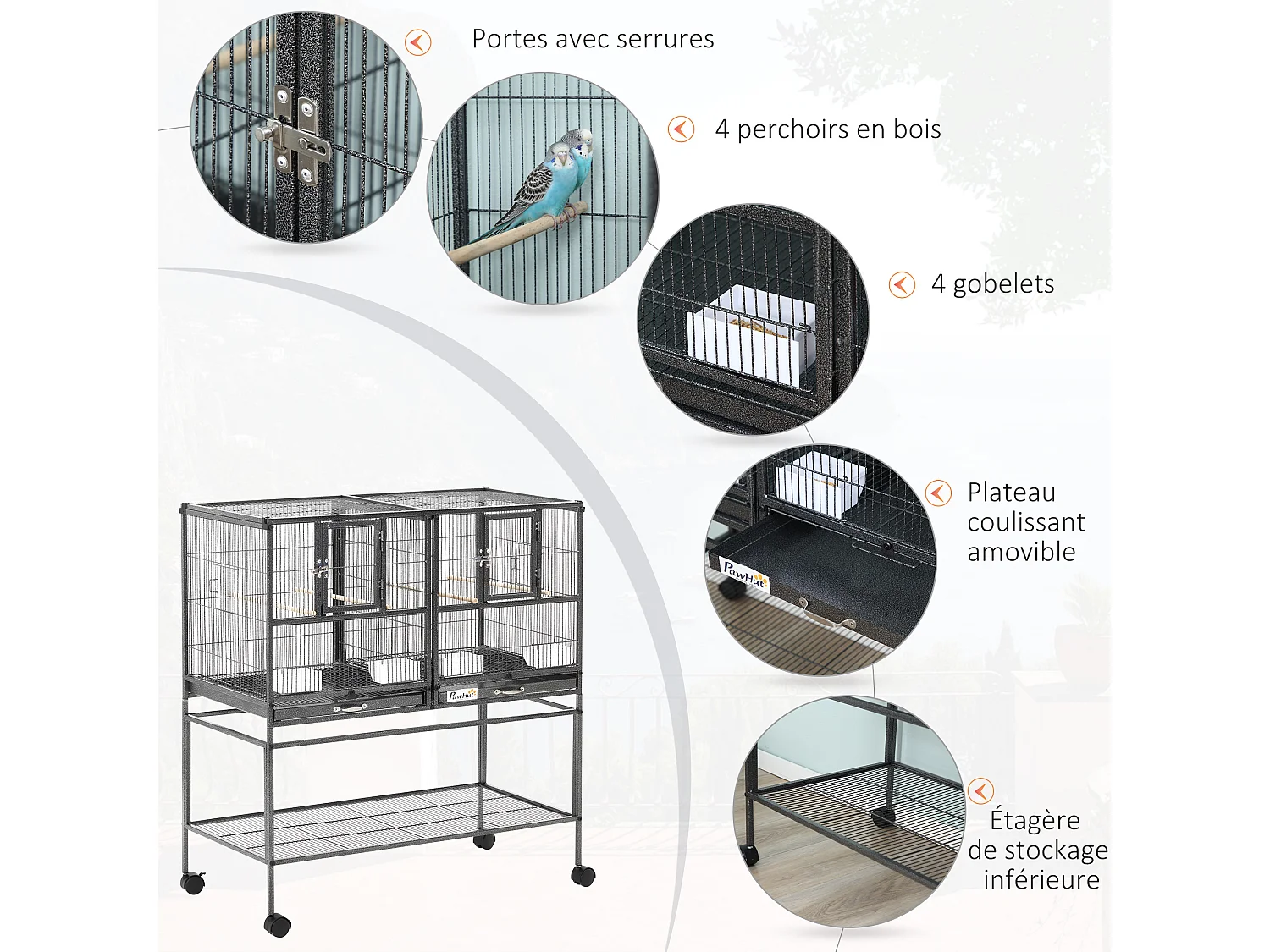 Cage à oiseaux avec séparation mangeoire et perchoir 95L x 45l x 102H cm Noir et Gris