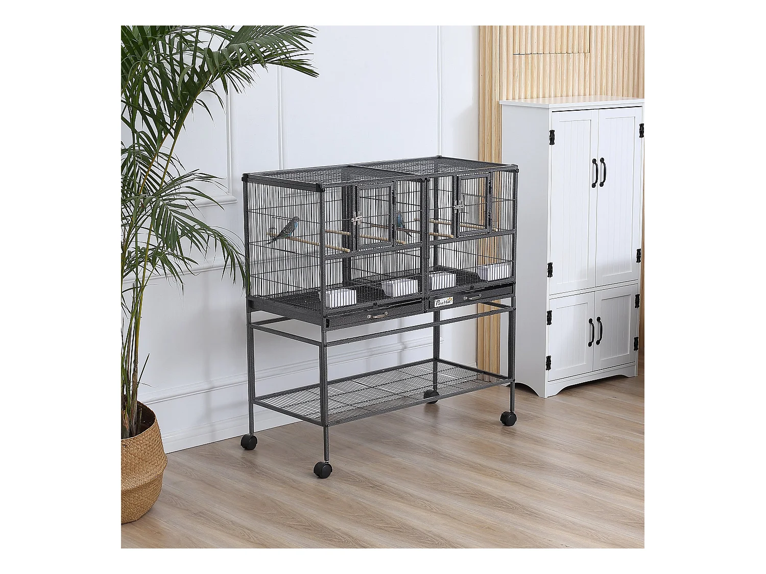 Cage à oiseaux avec séparation mangeoire et perchoir 95L x 45l x 102H cm Noir et Gris