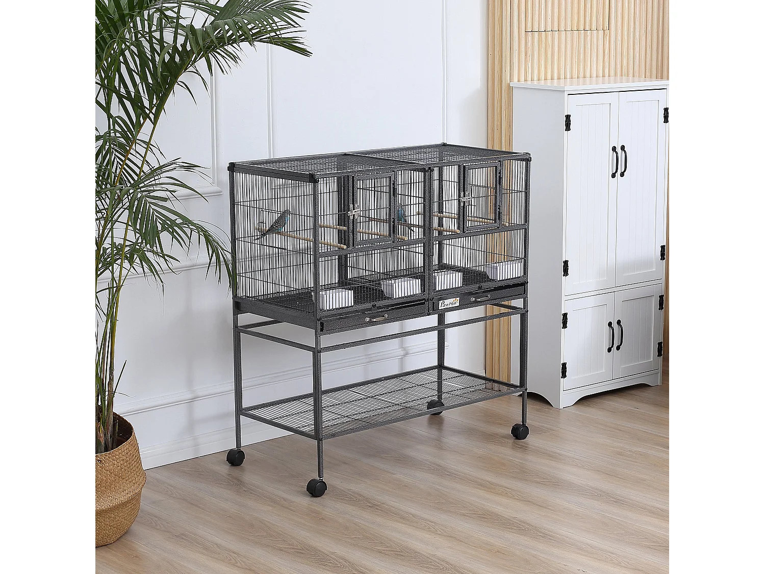 Cage à oiseaux avec séparation mangeoire et perchoir 95L x 45l x 102H cm Noir et Gris