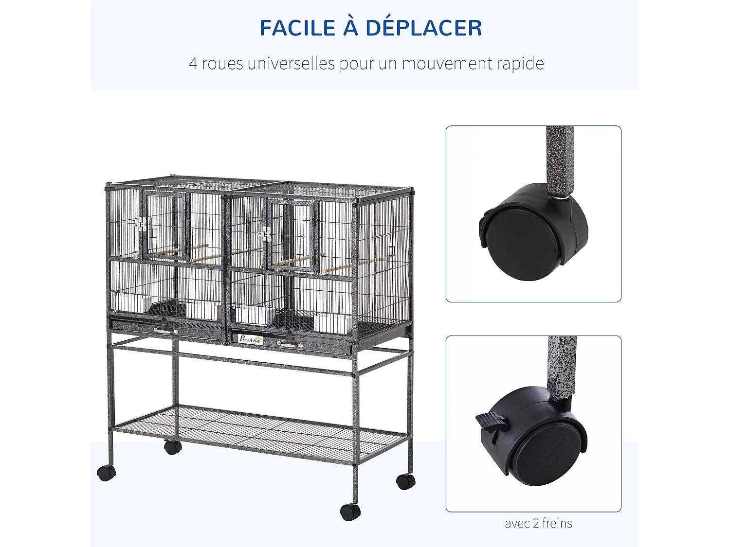 Cage à oiseaux avec séparation mangeoire et perchoir 95L x 45l x 102H cm Noir et Gris