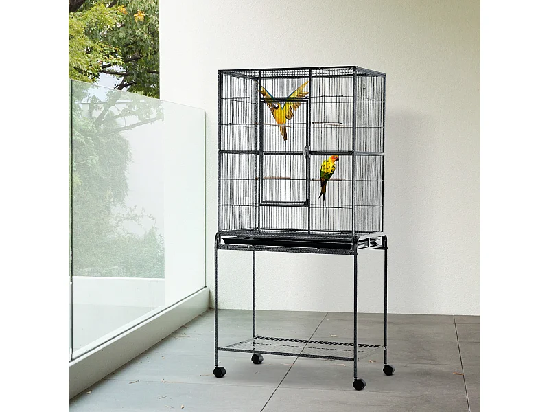 PawHut Cage à Oiseaux Portable avec 4 Mangeoires et 4 Perchoirs Pratique 81 x 48 x 163 cm Noir et Gris