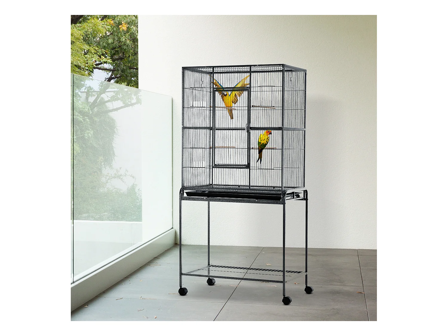 PawHut Cage à Oiseaux Portable avec 4 Mangeoires et 4 Perchoirs Pratique 81 x 48 x 163 cm Noir et Gris