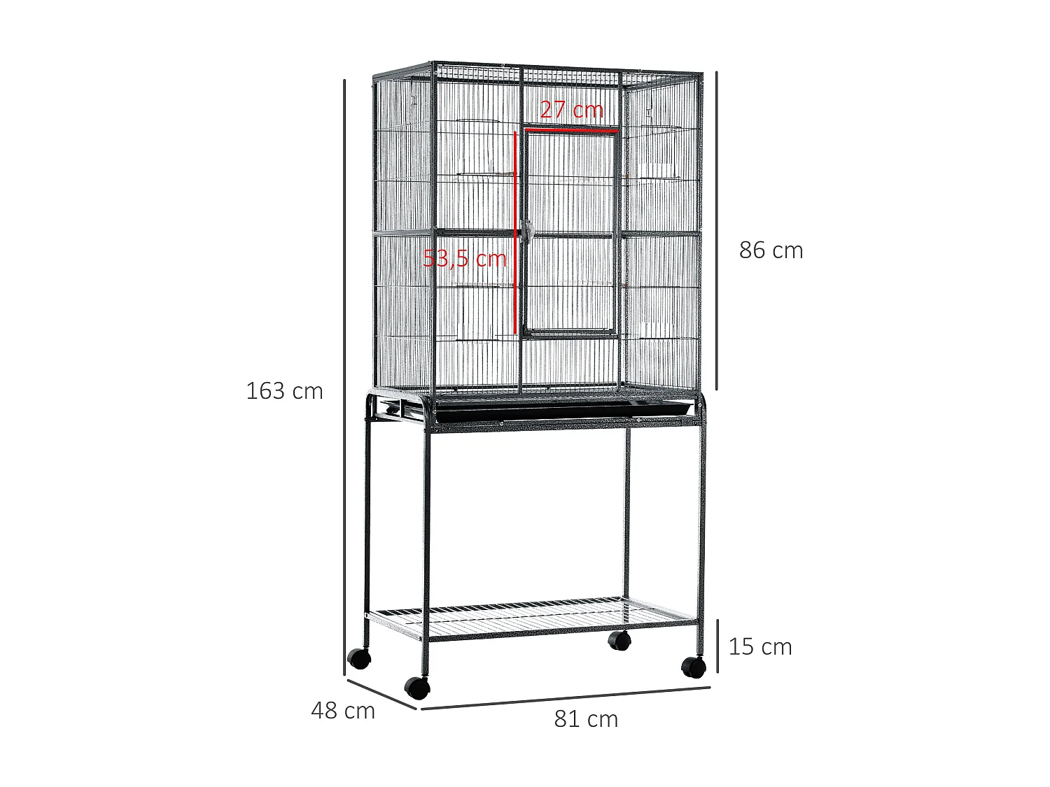 PawHut Cage à Oiseaux Portable avec 4 Mangeoires et 4 Perchoirs Pratique 81 x 48 x 163 cm Noir et Gris