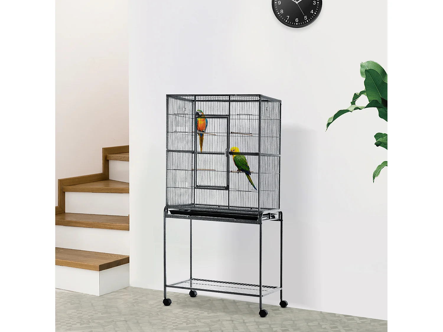 PawHut Cage à Oiseaux Portable avec 4 Mangeoires et 4 Perchoirs Pratique 81 x 48 x 163 cm Noir et Gris