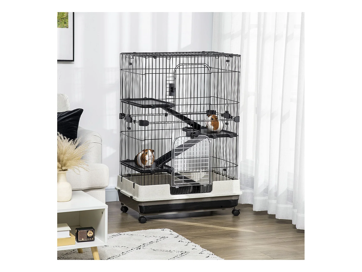 Cage pour cochons d'Inde chinchilla rongeur sur roulettes - 3 étages, 2 portes, trappe, plateau déjection - noir gris