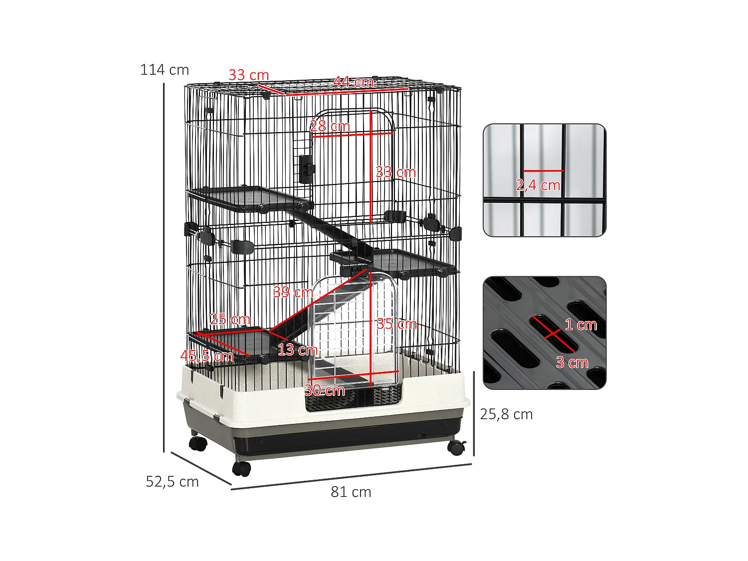 Cage pour cochons d'Inde chinchilla rongeur sur roulettes - 3 étages, 2 portes, trappe, plateau déjection - noir gris