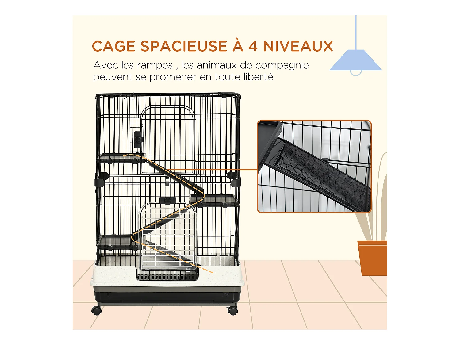 Cage pour cochons d'Inde chinchilla rongeur sur roulettes - 3 étages, 2 portes, trappe, plateau déjection - noir gris