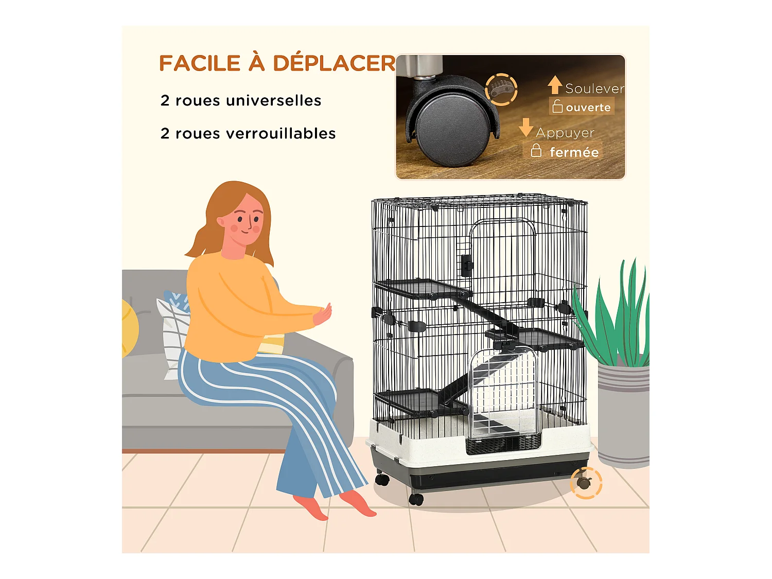Cage pour cochons d'Inde chinchilla rongeur sur roulettes - 3 étages, 2 portes, trappe, plateau déjection - noir gris