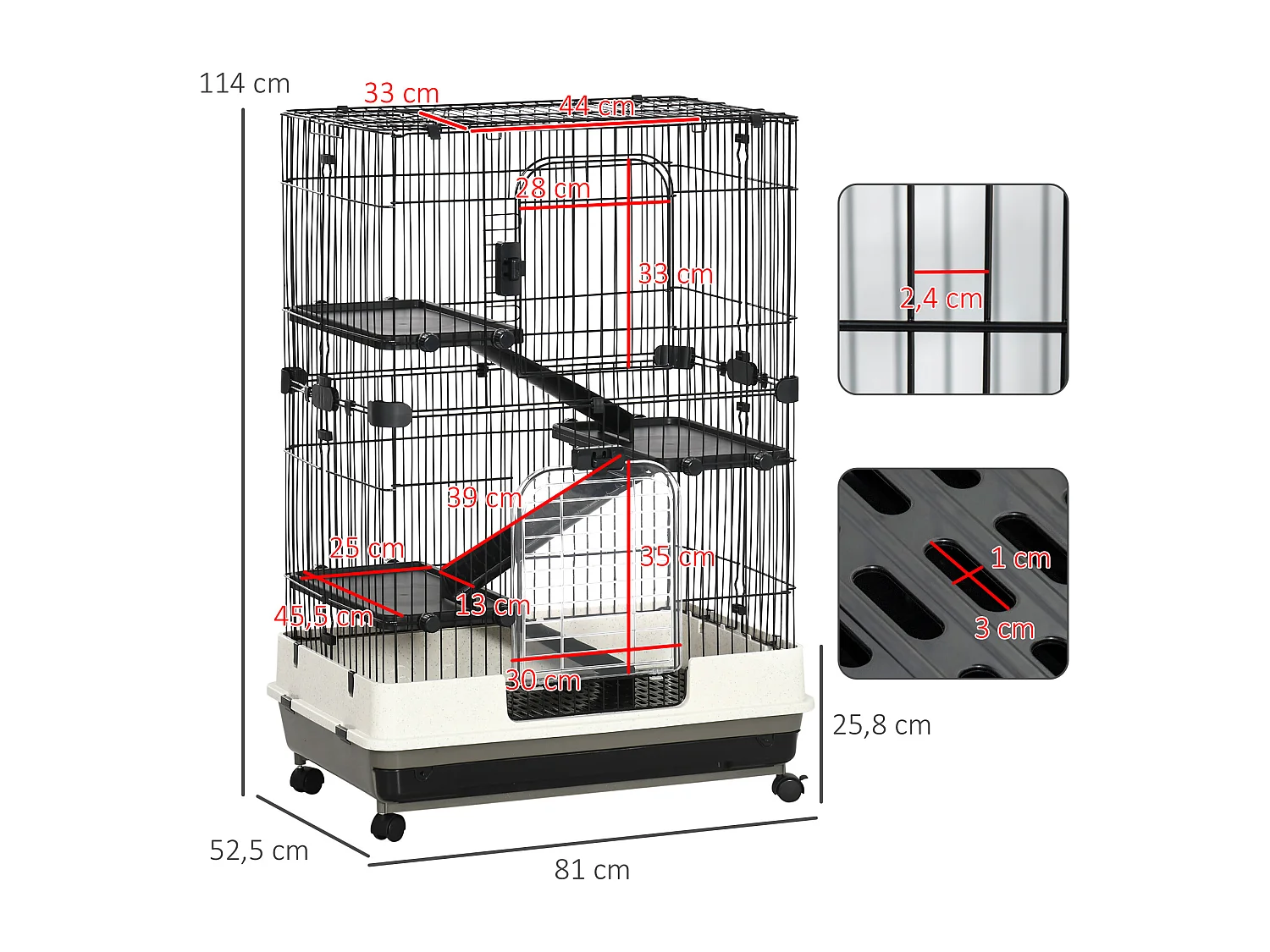 Cage pour cochons d'Inde chinchilla rongeur sur roulettes - 3 étages, 2 portes, trappe, plateau déjection - noir gris