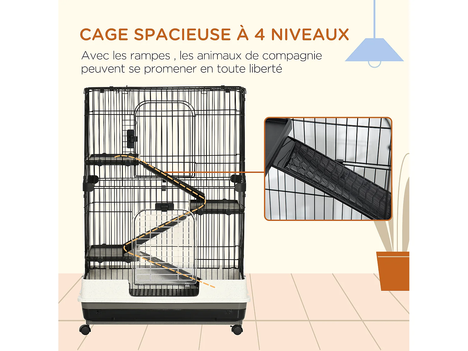 Cage pour cochons d'Inde chinchilla rongeur sur roulettes - 3 étages, 2 portes, trappe, plateau déjection - noir gris