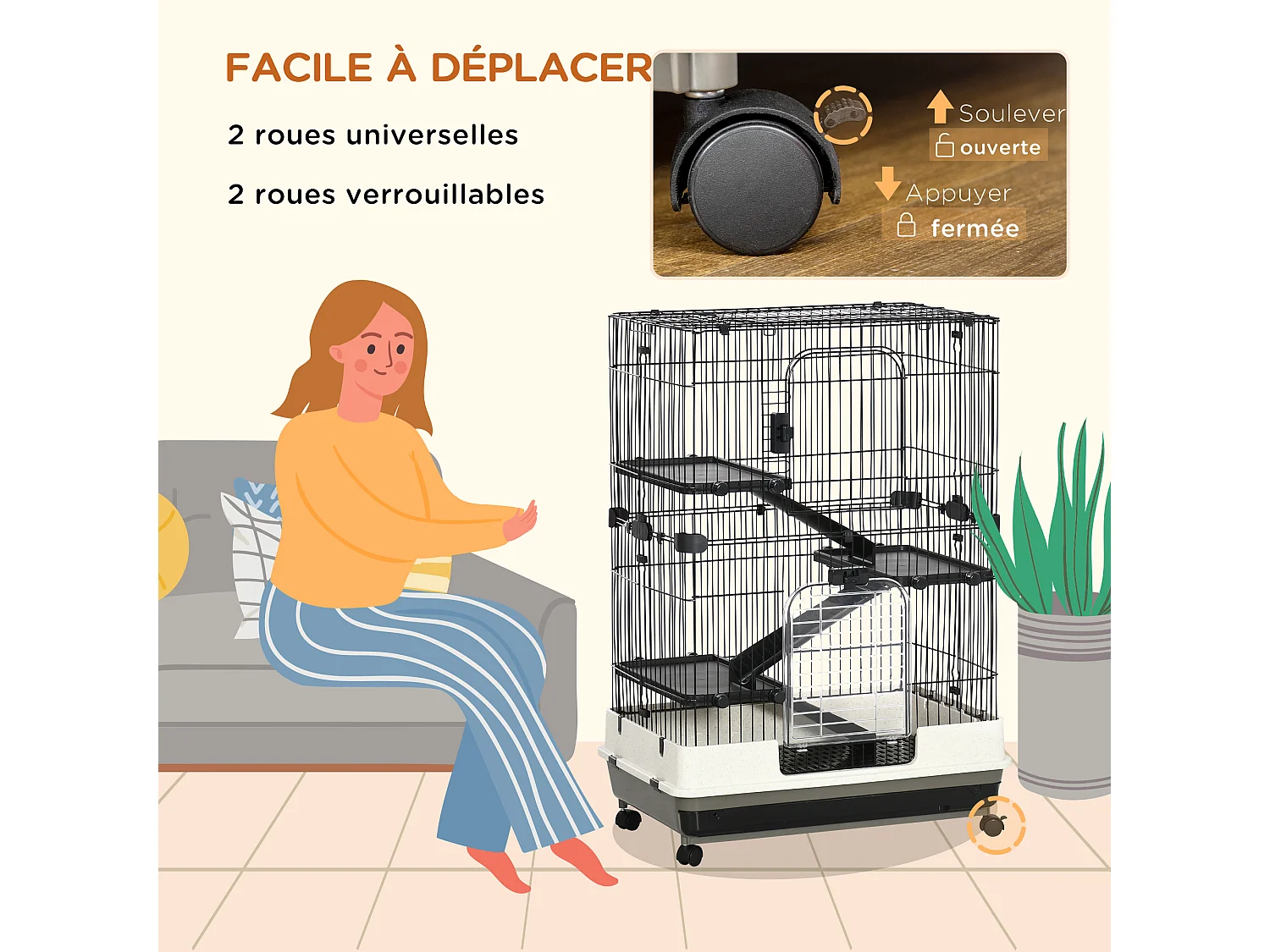 Cage pour cochons d'Inde chinchilla rongeur sur roulettes - 3 étages, 2 portes, trappe, plateau déjection - noir gris