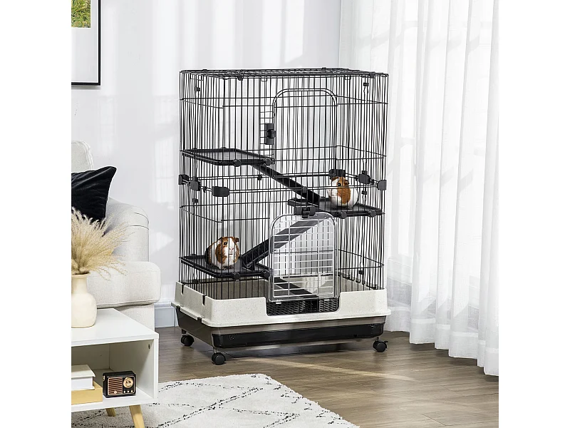 Cage pour cochons d'Inde chinchilla rongeur sur roulettes - 3 étages, 2 portes, trappe, plateau déjection - noir gris