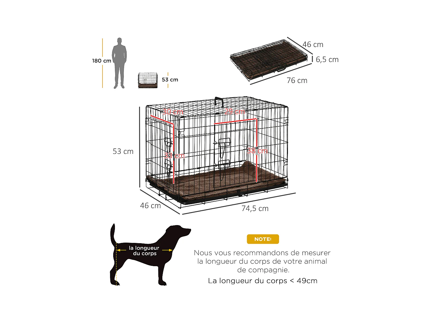 Cage de transport pliante pour chien poignée, plateau amovible, coussin fourni 76 x 53 x 57 cm noir