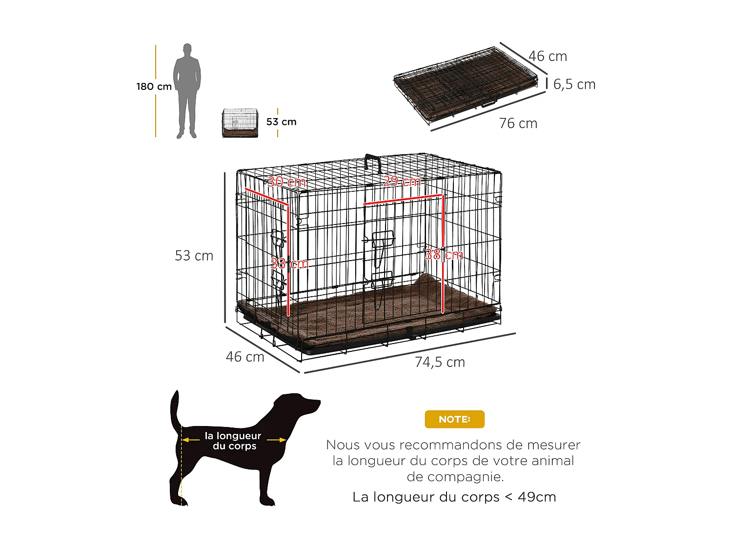 Cage de transport pliante pour chien poignée, plateau amovible, coussin fourni 76 x 53 x 57 cm noir