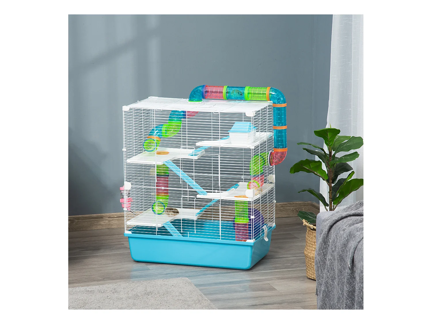 Grande cage à hamsters 5 niveaux - tunnels, abreuvoir, roue, maisonnette, échelles - dim. 59L x 36l x 69H cm - métal PP bleu blanc