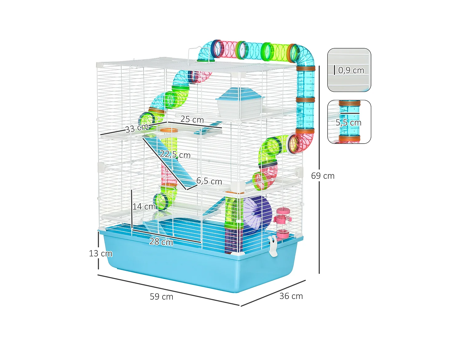 Grande cage à hamsters 5 niveaux - tunnels, abreuvoir, roue, maisonnette, échelles - dim. 59L x 36l x 69H cm - métal PP bleu blanc
