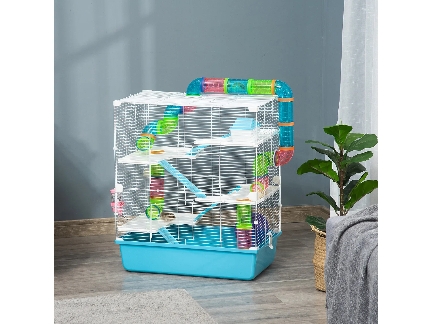 Grande cage à hamsters 5 niveaux - tunnels, abreuvoir, roue, maisonnette, échelles - dim. 59L x 36l x 69H cm - métal PP bleu blanc