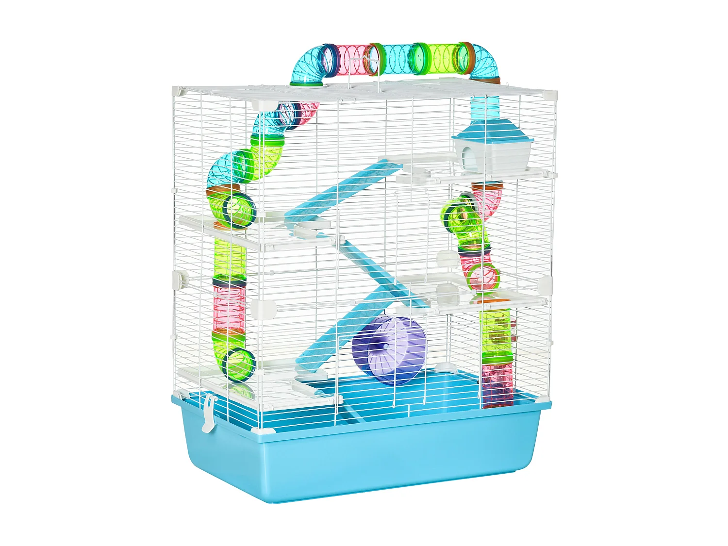 Grande cage à hamsters 5 niveaux - tunnels, abreuvoir, roue, maisonnette, échelles - dim. 59L x 36l x 69H cm - métal PP bleu blanc