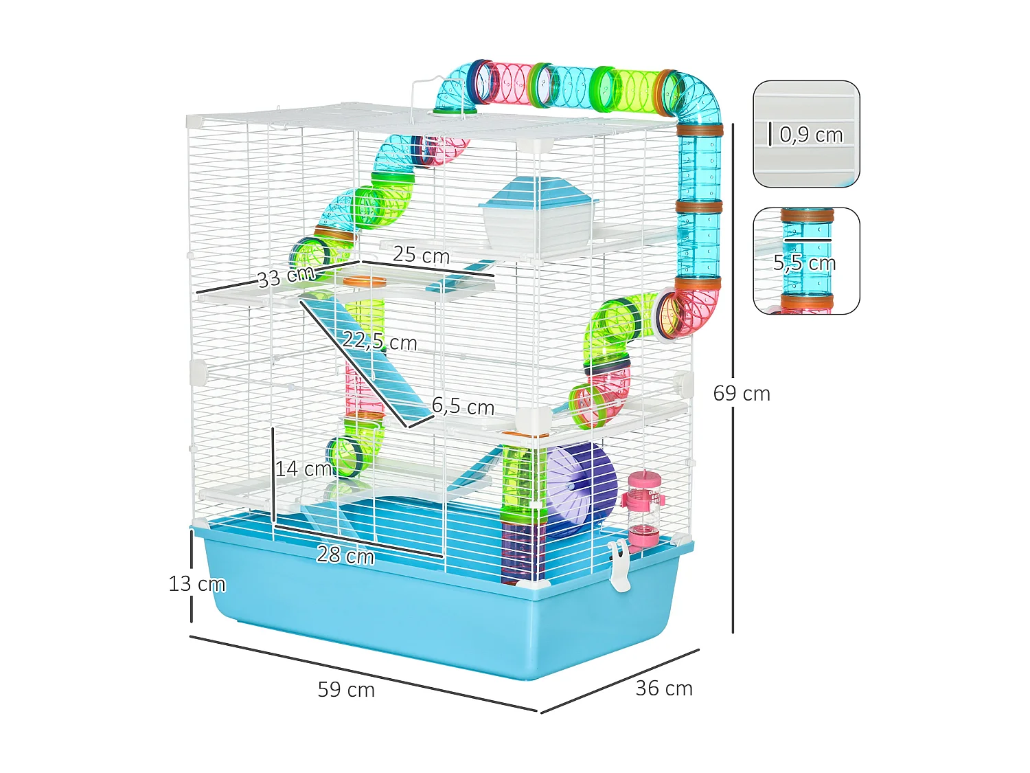 Grande cage à hamsters 5 niveaux - tunnels, abreuvoir, roue, maisonnette, échelles - dim. 59L x 36l x 69H cm - métal PP bleu blanc