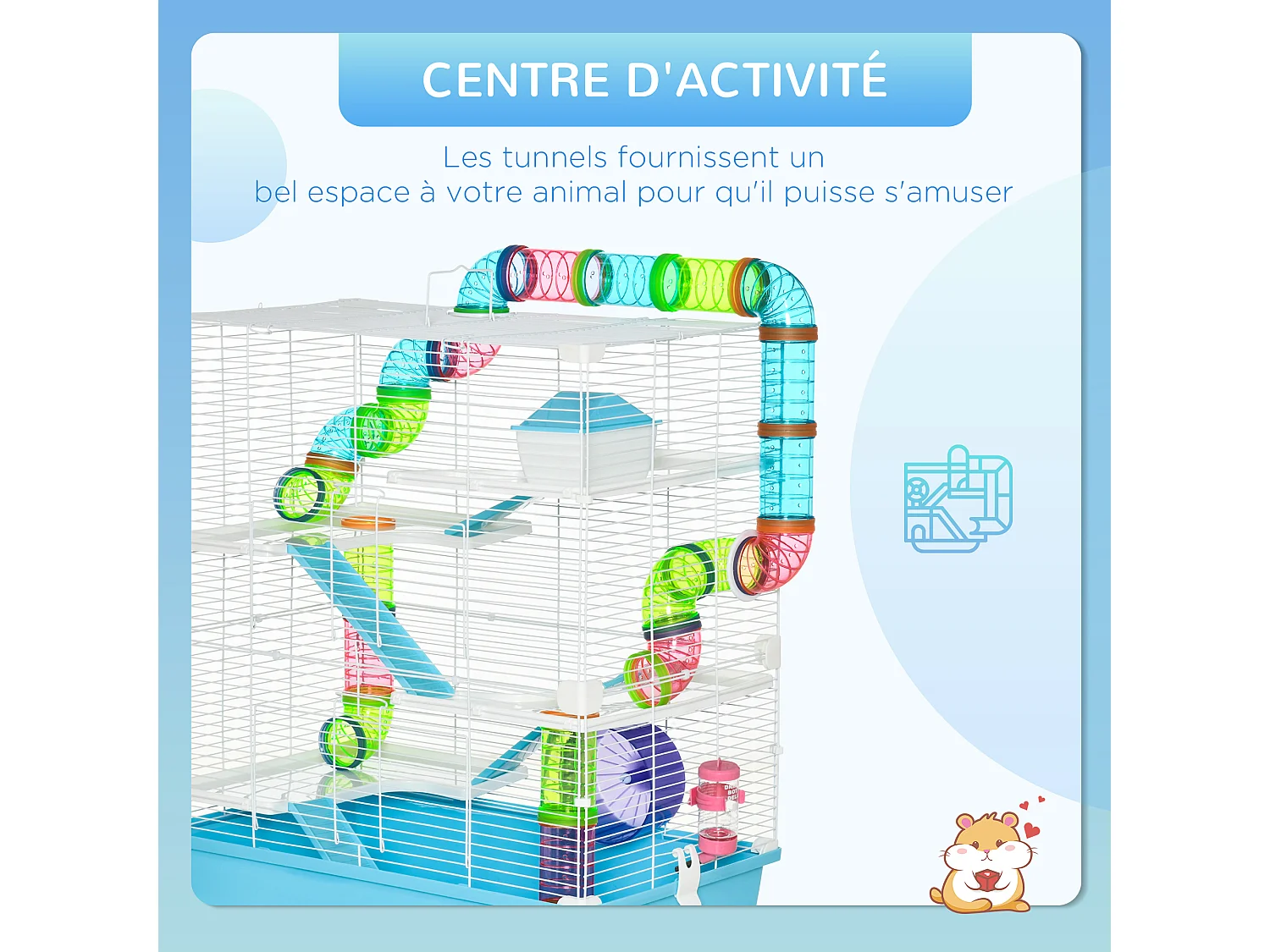 Grande cage à hamsters 5 niveaux - tunnels, abreuvoir, roue, maisonnette, échelles - dim. 59L x 36l x 69H cm - métal PP bleu blanc