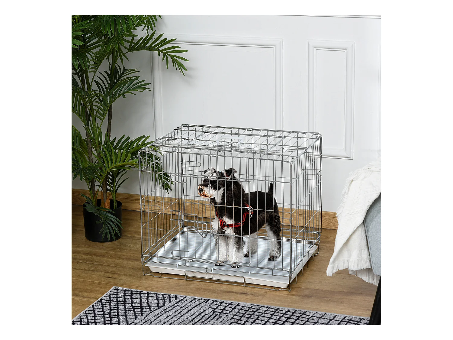 Cage pour chien pliable - plateau excrément coulissant - 2 portes verrouillable, poignée - dim. 61L x 43l x 50H cm - fer galvanisé PP blanc