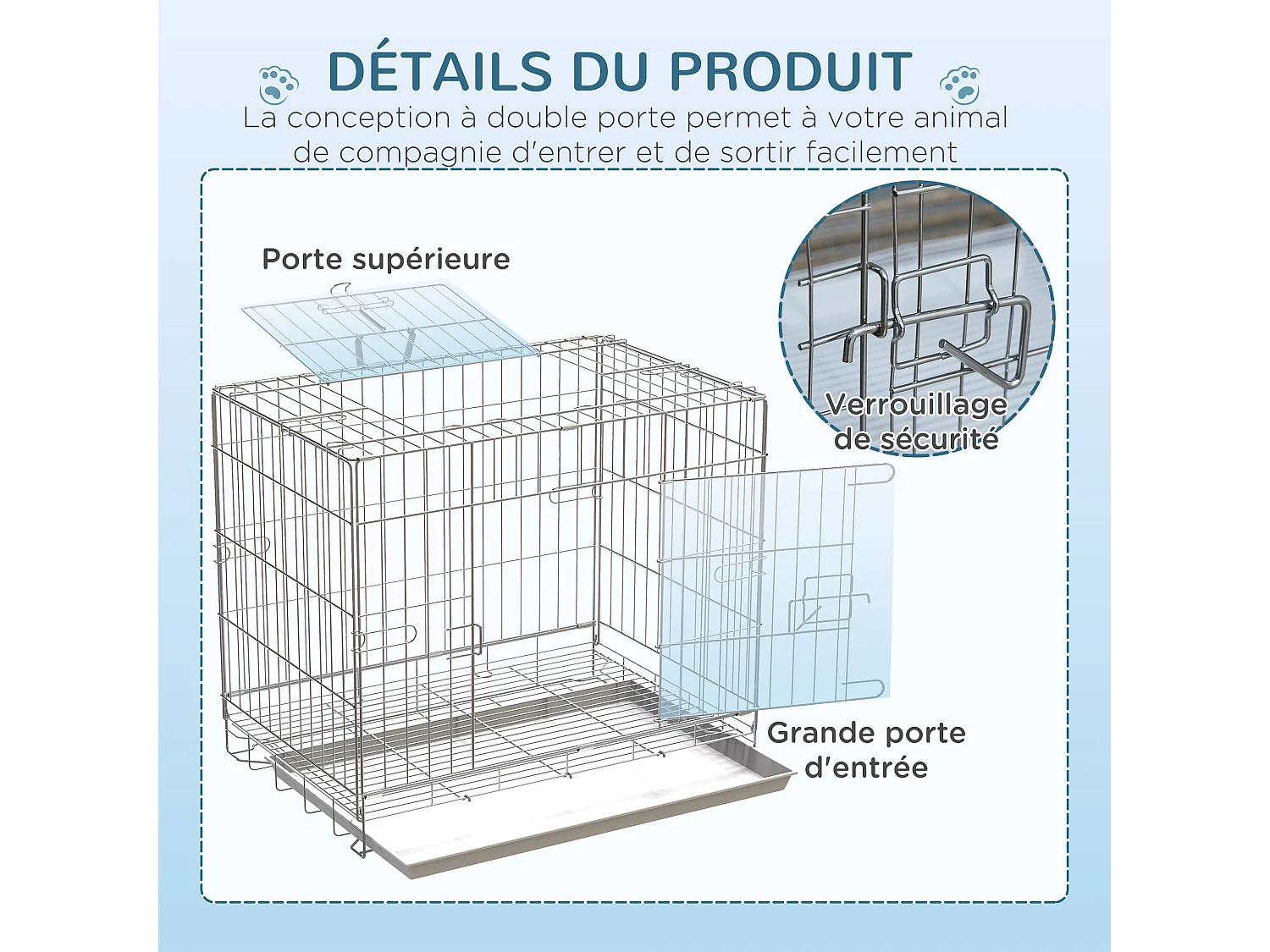 Cage pour chien pliable - plateau excrément coulissant - 2 portes verrouillable, poignée - dim. 61L x 43l x 50H cm - fer galvanisé PP blanc