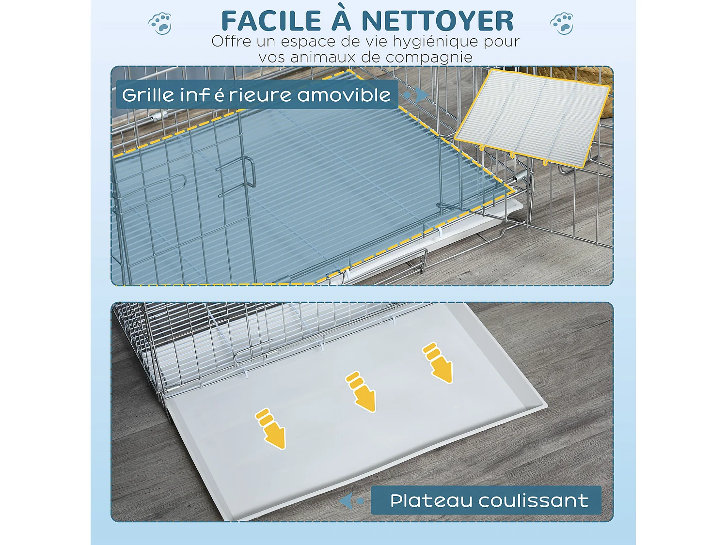 Cage pour chien pliable - plateau excrément coulissant - 2 portes verrouillable, poignée - dim. 61L x 43l x 50H cm - fer galvanisé PP blanc