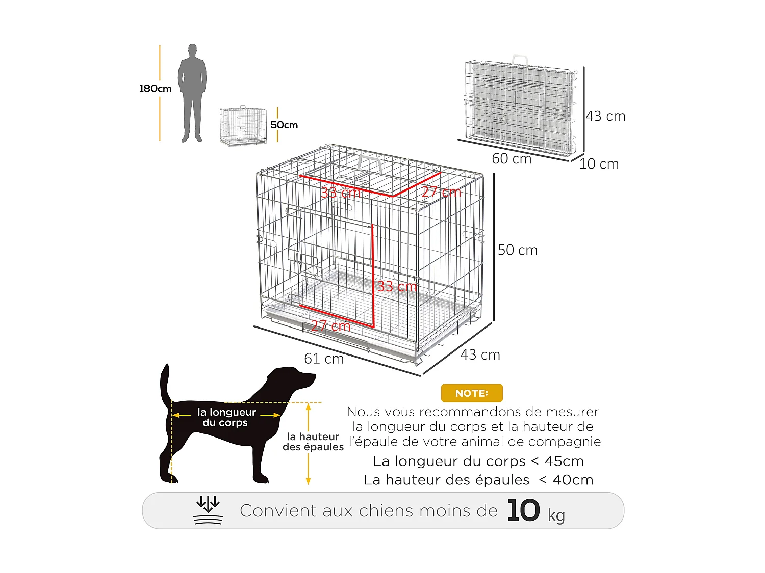 Cage pour chien pliable - plateau excrément coulissant - 2 portes verrouillable, poignée - dim. 61L x 43l x 50H cm - fer galvanisé PP blanc