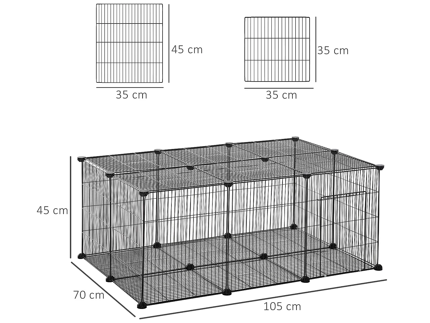 Cage parc enclos rongeurs modulable dim. L 105 x l 70 x H 45 cm 1 porte fil métallique noir