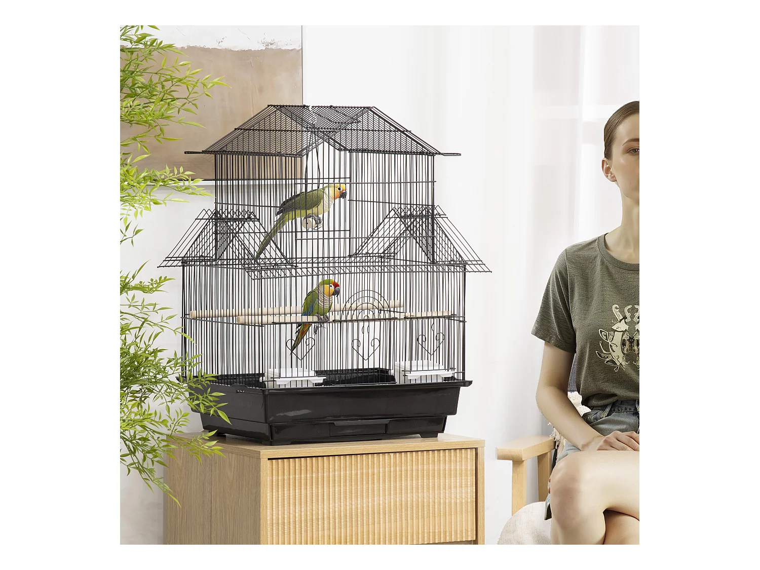 Cage à oiseaux design maison perchoirs mangeoires balançoire 3 portes plateau excrément amovible + poignée transport métal noir