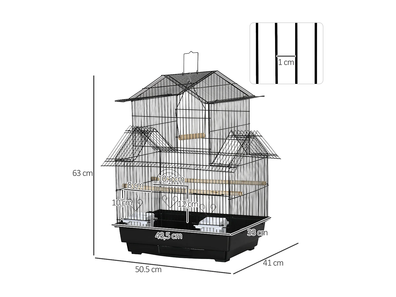 Cage à oiseaux design maison perchoirs mangeoires balançoire 3 portes plateau excrément amovible + poignée transport métal noir
