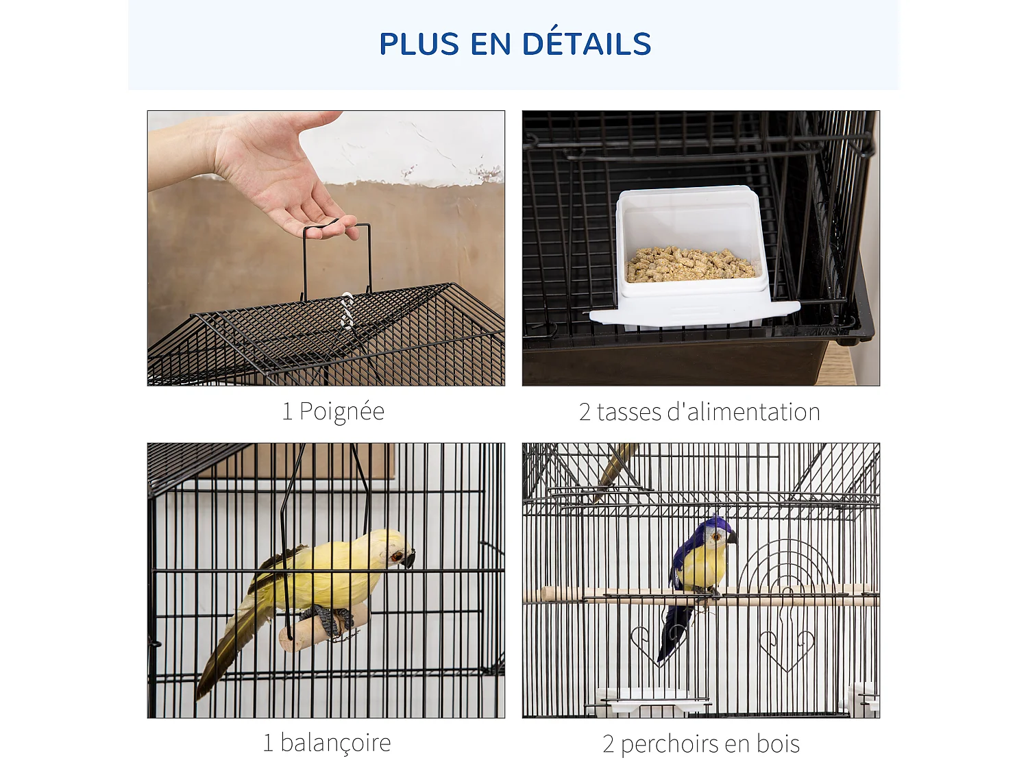 Cage à oiseaux design maison perchoirs mangeoires balançoire 3 portes plateau excrément amovible + poignée transport métal noir