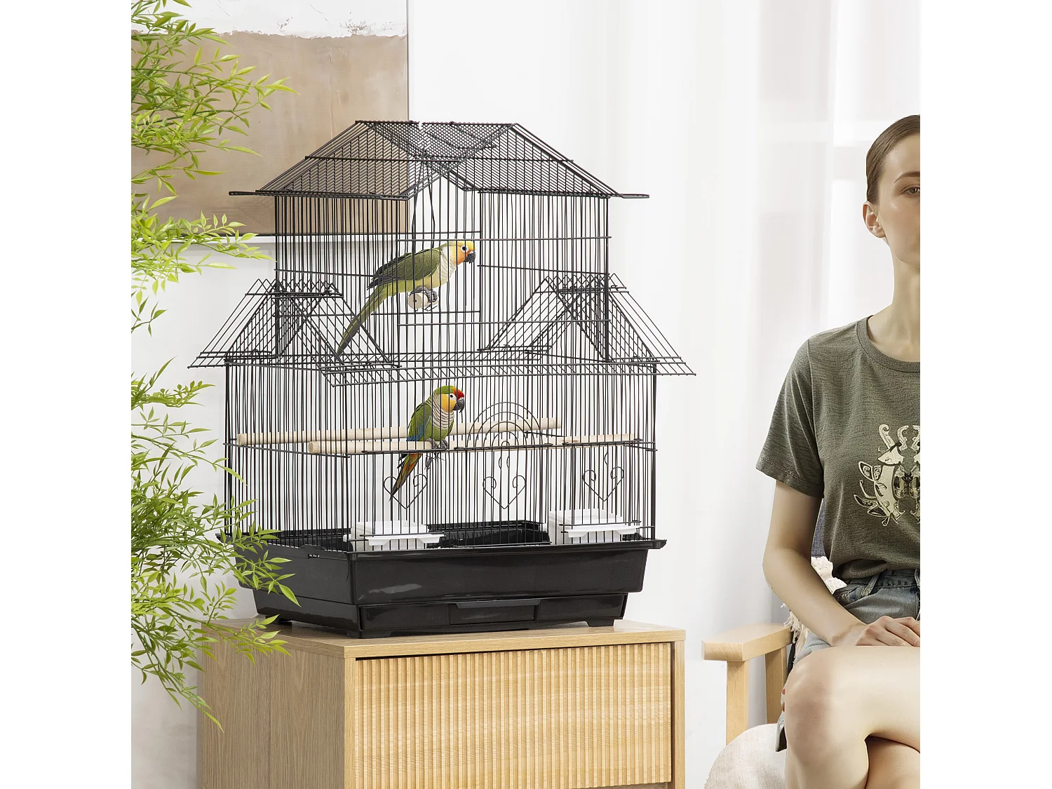 Cage à oiseaux design maison perchoirs mangeoires balançoire 3 portes plateau excrément amovible + poignée transport métal noir